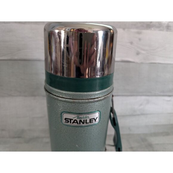 Vtg Aladdin Stanley Thermos Green Chrome Metal 1 Quart Handle Retro Camping Gear - Picture 2 of 9
